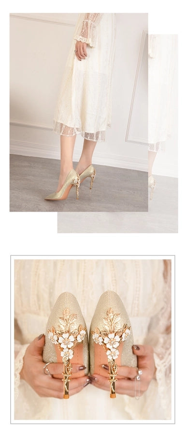 928-9  style fashion luxury pointed high heel thin heel women's shoes sexy metal flower wedding shoes banquet shoes