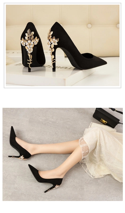 928-9  style fashion luxury pointed high heel thin heel women's shoes sexy metal flower wedding shoes banquet shoes