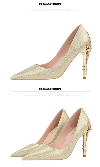 928-9  style fashion luxury pointed high heel thin heel women's shoes sexy metal flower wedding shoes banquet shoes