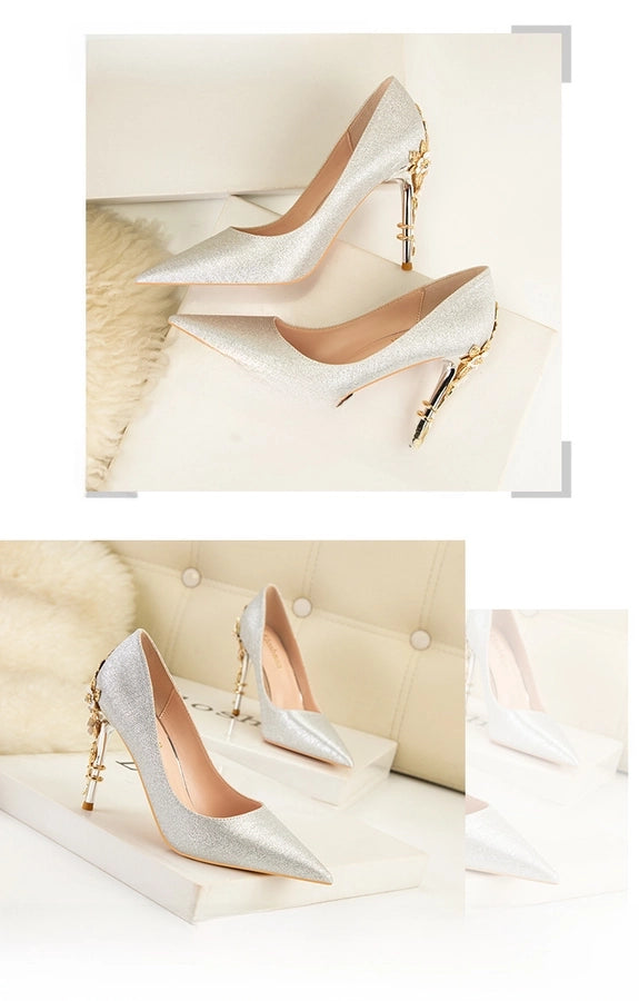 928-9  style fashion luxury pointed high heel thin heel women's shoes sexy metal flower wedding shoes banquet shoes