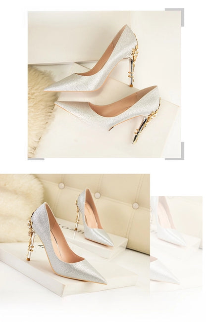 928-9  style fashion luxury pointed high heel thin heel women's shoes sexy metal flower wedding shoes banquet shoes