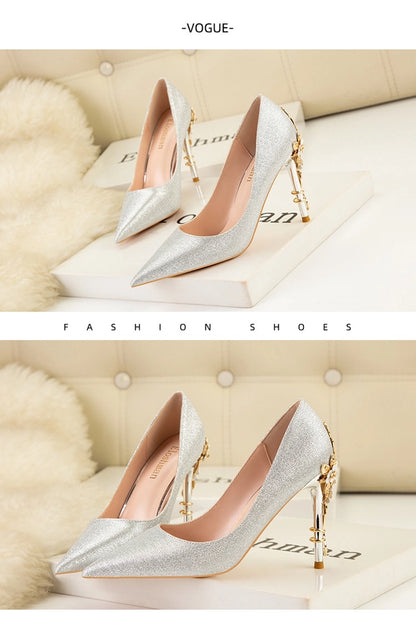 928-9  style fashion luxury pointed high heel thin heel women's shoes sexy metal flower wedding shoes banquet shoes