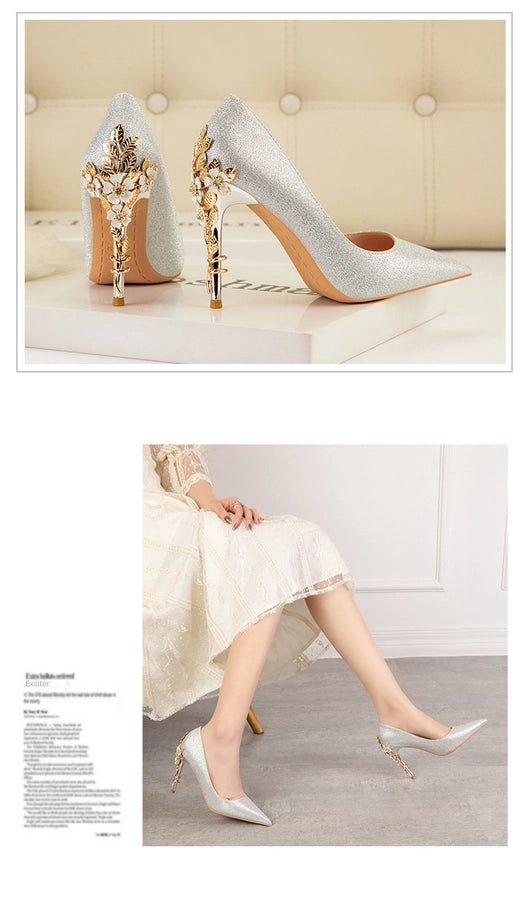 928-9  style fashion luxury pointed high heel thin heel women's shoes sexy metal flower wedding shoes banquet shoes