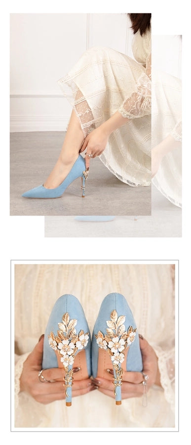 928-9  style fashion luxury pointed high heel thin heel women's shoes sexy metal flower wedding shoes banquet shoes