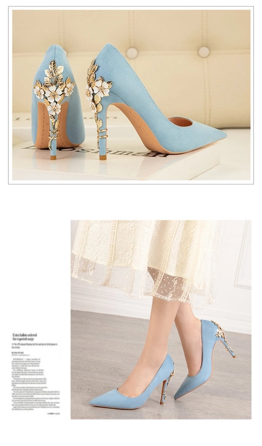 928-9  style fashion luxury pointed high heel thin heel women's shoes sexy metal flower wedding shoes banquet shoes