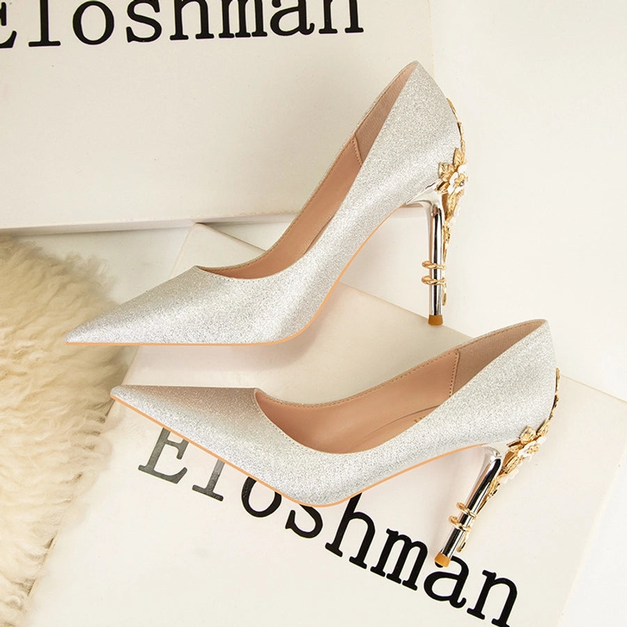 928-9  style fashion luxury pointed high heel thin heel women's shoes sexy metal flower wedding shoes banquet shoes