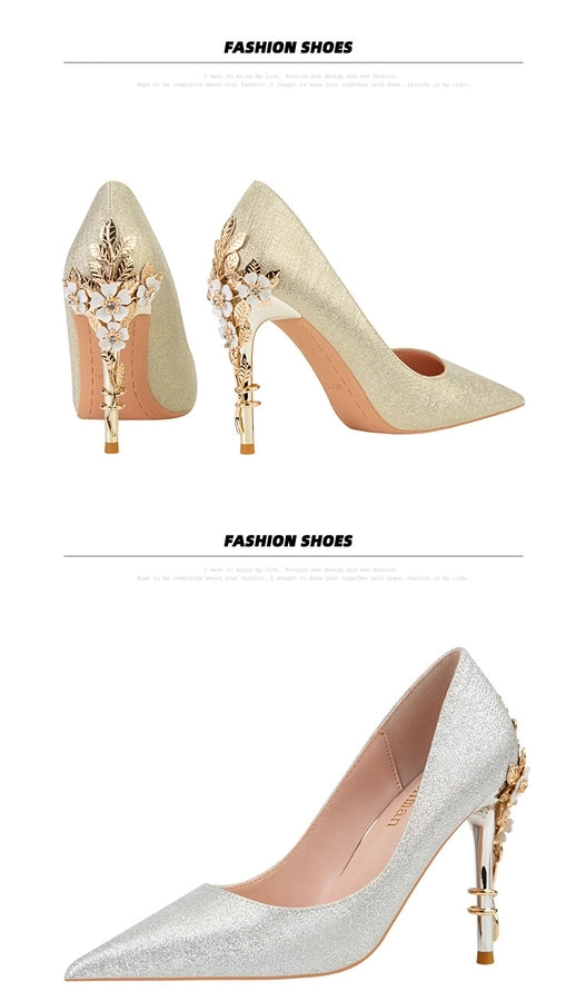 928-9  style fashion luxury pointed high heel thin heel women's shoes sexy metal flower wedding shoes banquet shoes