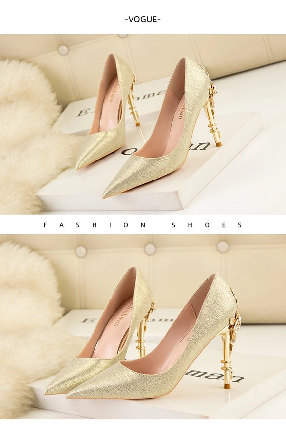 928-9  style fashion luxury pointed high heel thin heel women's shoes sexy metal flower wedding shoes banquet shoes