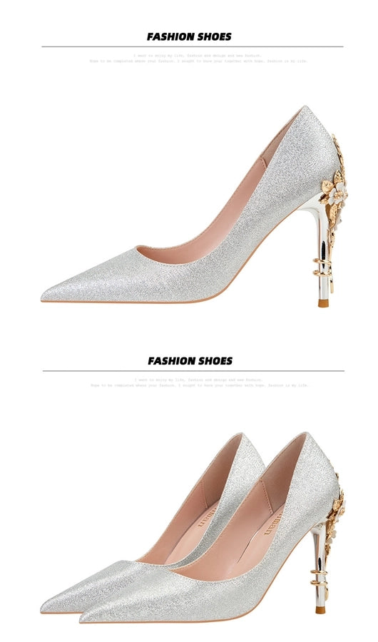 928-9  style fashion luxury pointed high heel thin heel women's shoes sexy metal flower wedding shoes banquet shoes