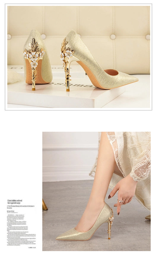 928-9  style fashion luxury pointed high heel thin heel women's shoes sexy metal flower wedding shoes banquet shoes