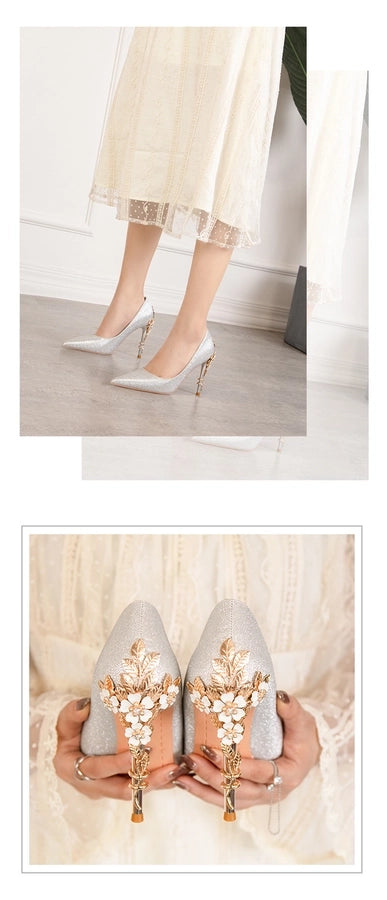 928-9  style fashion luxury pointed high heel thin heel women's shoes sexy metal flower wedding shoes banquet shoes