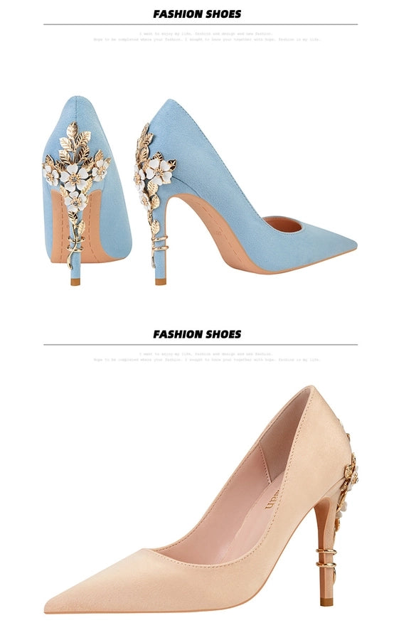 928-9  style fashion luxury pointed high heel thin heel women's shoes sexy metal flower wedding shoes banquet shoes