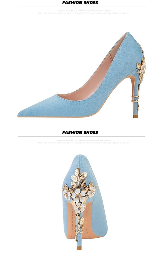 928-9  style fashion luxury pointed high heel thin heel women's shoes sexy metal flower wedding shoes banquet shoes